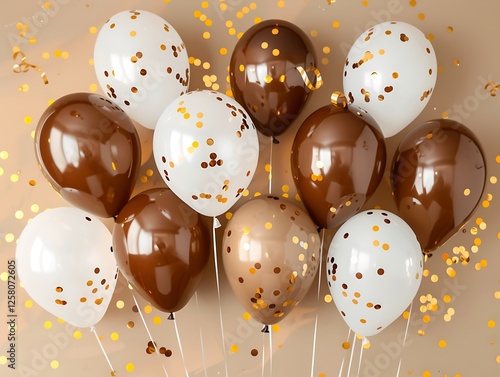Obraz na płótnie Festive beige backdrop with brown and white balloons and golden confetti, ideal for birthday party event banners. w salonie
