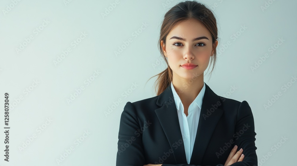 Business woman leader, commanding presence on a solid white background. Business woman leader, commanding presence on a solid white background.