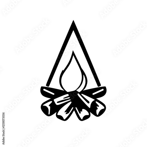 Campfire, black and white illustrated image of firewood and fire flames.