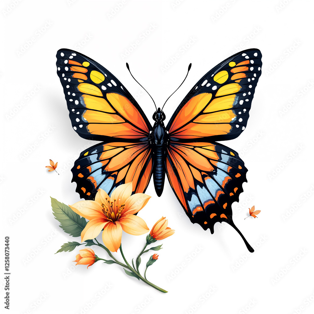 Obraz premium butterfly and flower illustration, isolated on white