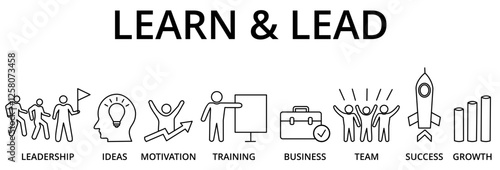 Banner learn and lead. Banner with keywords and icons