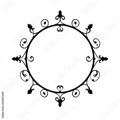 Intricate ironwork circle frame, decorative, ornate, with flourishes and filigree elements, isolated on white.