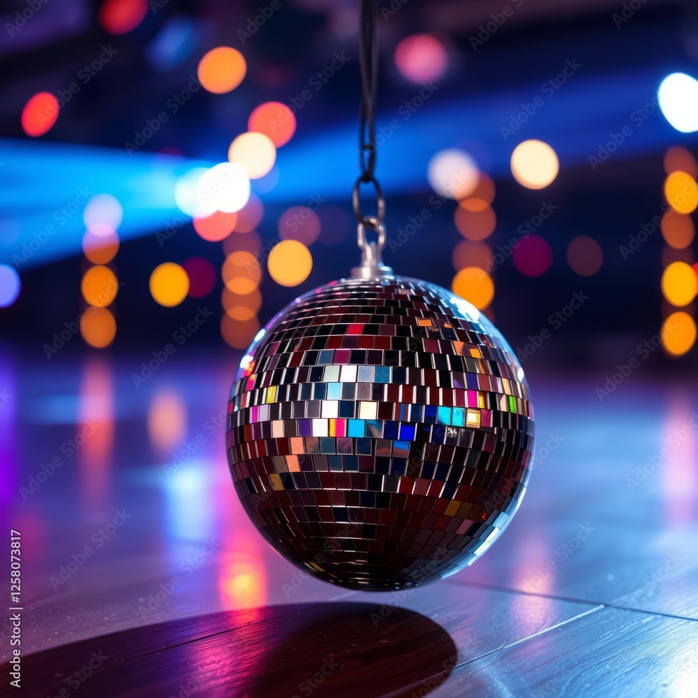 Obraz premium A shiny disco ball on a dance floor with colorful bokeh lights in the background creating a vibrant party atmosphere Bokeh light lights background bokeh abstract light bright effect shiny