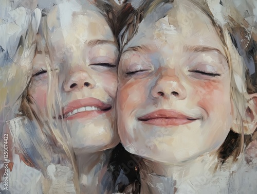 Painting illustration of two smiling pretty Twin girls sisters faces close up happy together