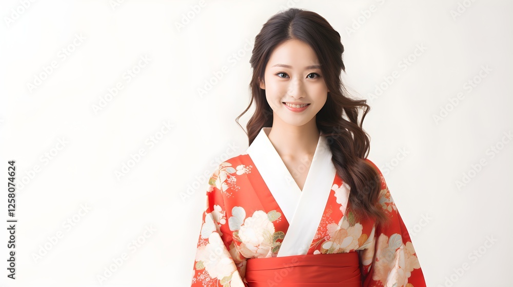 Beautiful Young Woman in Red Floral Kimono Asian Fashion Studio Portrait Beautiful Young Woman in Red Floral Kimono Asian Fashion Studio Portrait