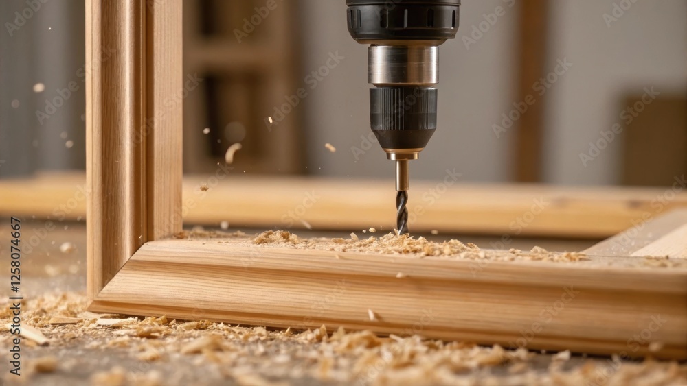 A closeup of a handheld power tool drilling into a wooden frame capturing the wood shavings falling softly to the ground symbolizing the transformation of indoor spaces. A closeup of a handheld power tool drilling into a wooden frame capturing the wood shavings falling softly to the ground symbolizing the transformation of indoor spaces.