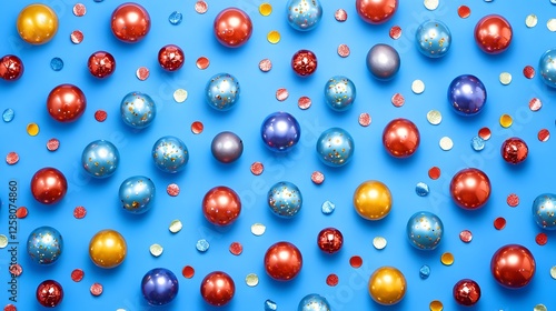Colorful Christmas Balls Pattern on Blue Background