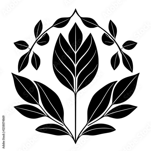 Black and white minimalist floral design featuring a central flower with petals, leaves, and branches