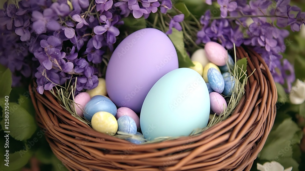Easter Nest Arrangement with Pastel Colored Eggs and Violet Flowers in a Woven Basket Container Easter Nest Arrangement with Pastel Colored Eggs and Violet Flowers in a Woven Basket Container