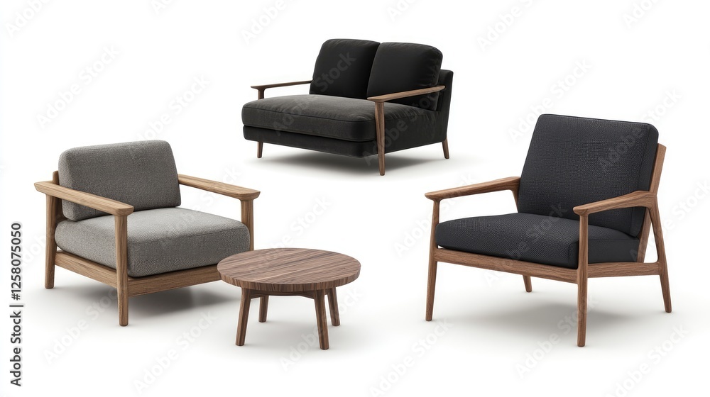 A collection of three different home furniture sets, each offering a distinct style and design, perfect for showcasing various living spaces and interior preferences. A collection of three different home furniture sets, each offering a distinct style and design, perfect for showcasing various living spaces and interior preferences.