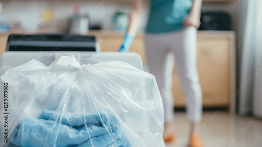 person is preparing to dispose of bag of laundry in kitchen setting, showcasing clean and organized environment. focus is on bag filled with clothes, emphasizing cleanliness and tidiness person is preparing to dispose of bag of laundry in kitchen setting, showcasing clean and organized environment. focus is on bag filled with clothes, emphasizing cleanliness and tidiness