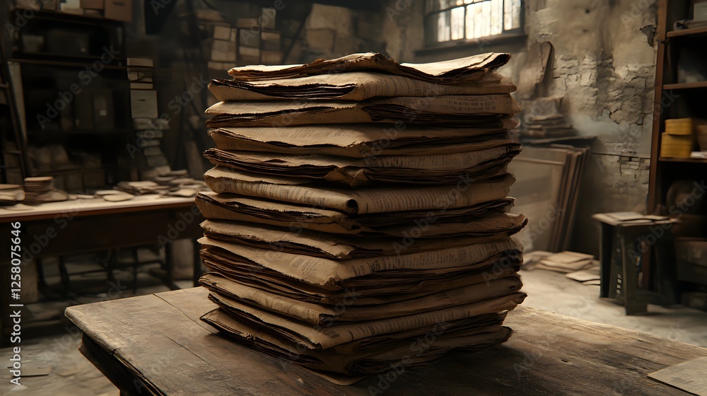 Obraz premium Vintage Newspaper Stack in Retro Sepia Tone with Detailed Texture