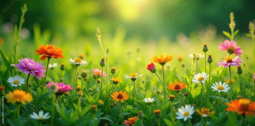 Obraz premium Abundant wildflowers blooming amidst lush green foliage, bloom, foliage, field