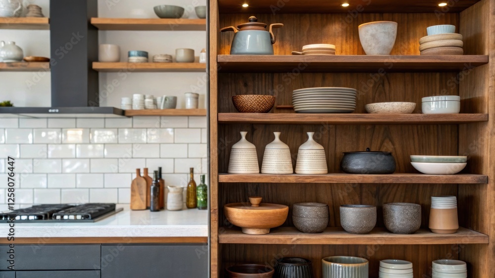 A closeup of artisan pottery and handcrafted goods artfully arranged on open shelves accentuating the charm and personalized touch of the renovated kitchen space. A closeup of artisan pottery and handcrafted goods artfully arranged on open shelves accentuating the charm and personalized touch of the renovated kitchen space.