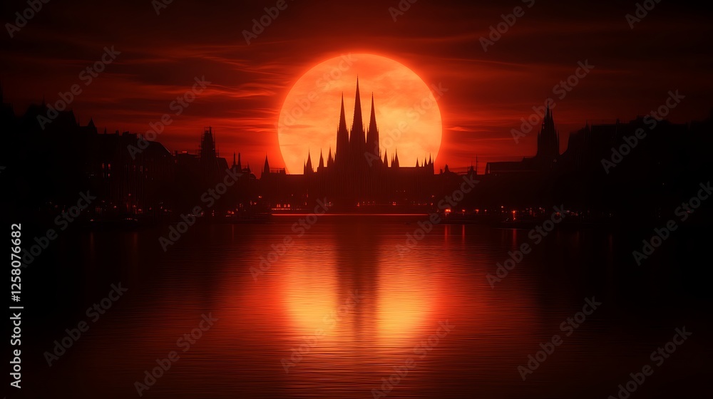Fototapeta premium Eerie Cityscape Silhouette Beneath a Crimson Sun Over Water Dark Urban Fantasy Ambiance