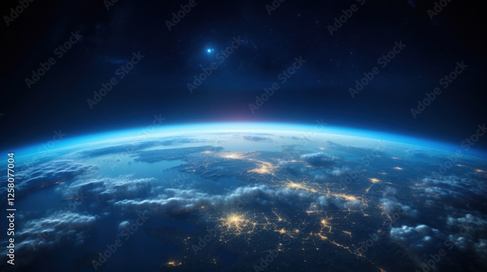 Obraz premium photograph of Earth globe view from outer space flying over cities.