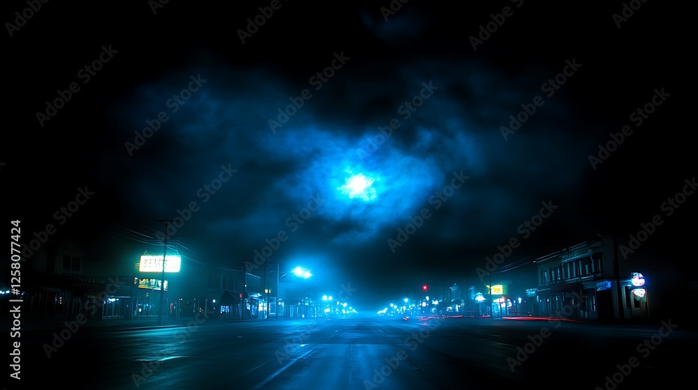 Fototapeta premium Eerie Nightscape of a Fog Laden Street in a Small Town under a Moonlit Sky with Vintage Buildings