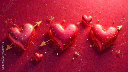 A vibrant background of abstract shapes in pink and red, accented with metallic gold for a modern and artistic Valentine's aesthetic