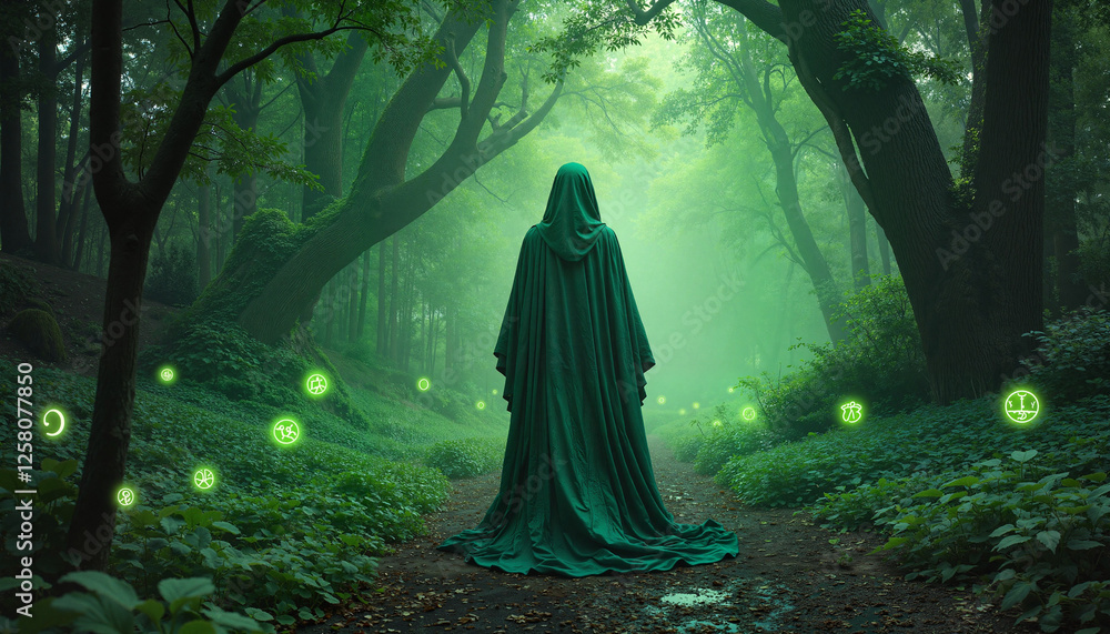 The Wheel of the Year. Mysterious woman in green cloak walking through enchanted forest, magic The Wheel of the Year. Mysterious woman in green cloak walking through enchanted forest, magic