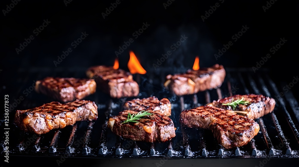 Juicy Grilled Steaks on BBQ Grill, Flames and Smoke Juicy Grilled Steaks on BBQ Grill, Flames and Smoke