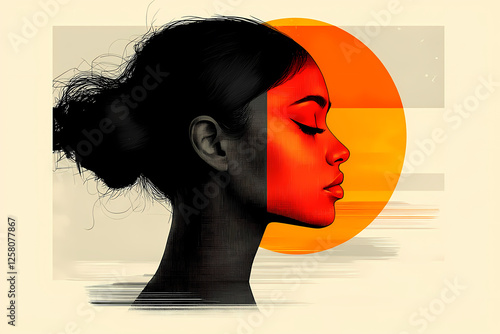 A minimalist digital artwork featuring three colors: black, white, and red. Bold geometric shapes create a modern and abstract composition.