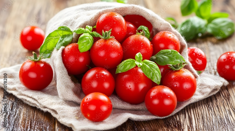 Juicy Red Cherry Tomatoes in Linen Bag with Basil Juicy Red Cherry Tomatoes in Linen Bag with Basil