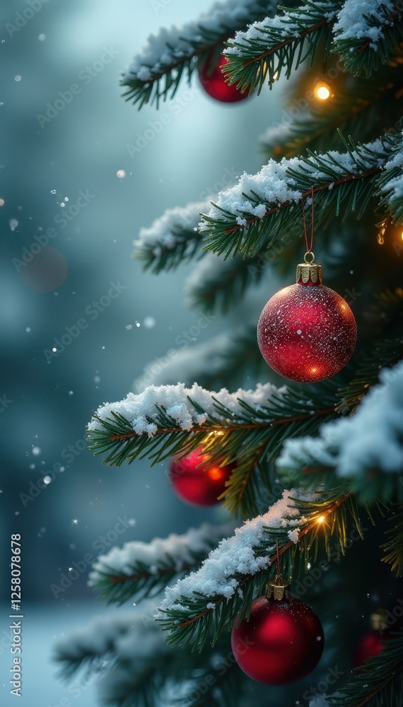 Sparkling snow-dusted pine boughs & ornaments, backdrop, season Sparkling snow-dusted pine boughs & ornaments, backdrop, season