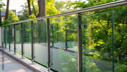 A closeup of newly installed glass panels within a railing system capturing the reflection of surrounding greenery and the seamless integration into the balcony.