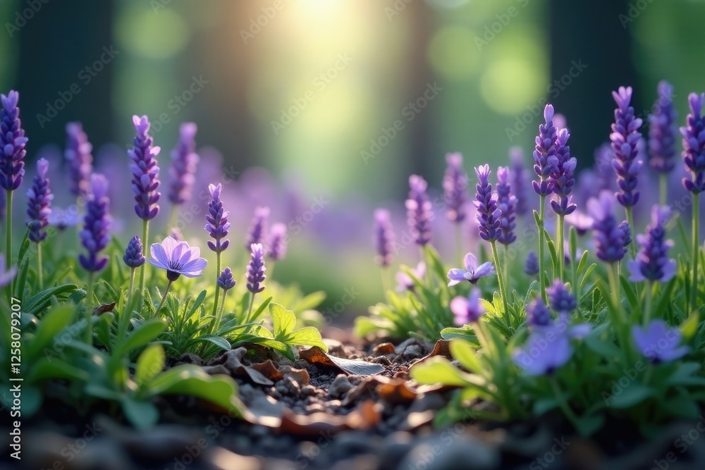 Obraz premium Delicate lavender sprigs scattered on a misty forest floor, wildflowers, purple background