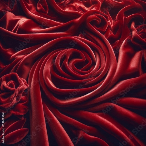 Luxurious red velvet fabric in a swirling rose design, creating a rich and elegant texture with depth and shadow.