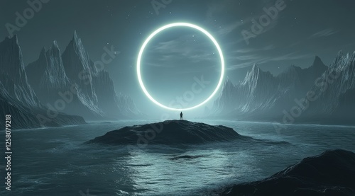 In the center of an ocean, there is a small island with mountains on it. The moon shines brightly in front of and around it, creating a circular halo effect.