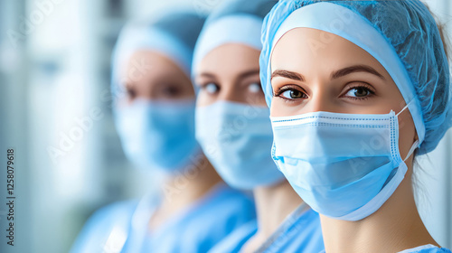 A team of surgeons in protective uniforms, caps and masks. photo