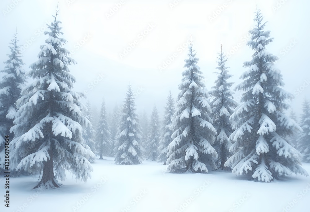 Snowy Winter Landscape with Evergreen Trees and Foggy Atmosphere Snowy Winter Landscape with Evergreen Trees and Foggy Atmosphere