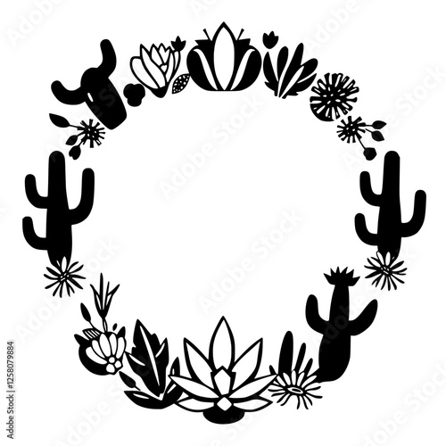 Black and white floral wreath composed of cactus plants and various desert plants in minimalist style.