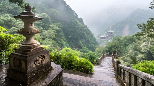 Misty Mountain Temple Steps Stone Lantern Scenic View
