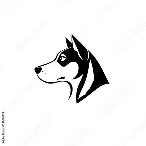 Black and white image of a husky dog's head in profile, isolated against a white background, minimalist vector style.