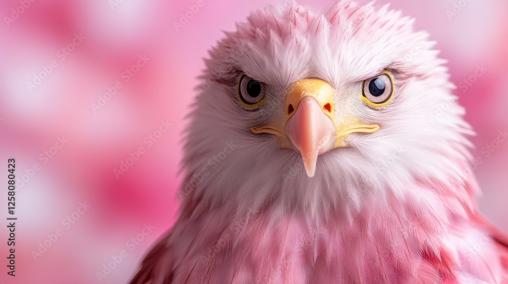 A fantastically styled pink eagle stands confidently in a whimsical setting, showcasing its elegant features and vibrant colors that symbolize uniqueness and elegance. A fantastically styled pink eagle stands confidently in a whimsical setting, showcasing its elegant features and vibrant colors that symbolize uniqueness and elegance.