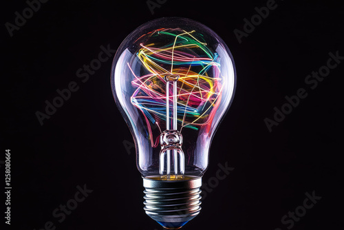 Colorful glowing light bulb with vibrant neon filaments on a dark background photo