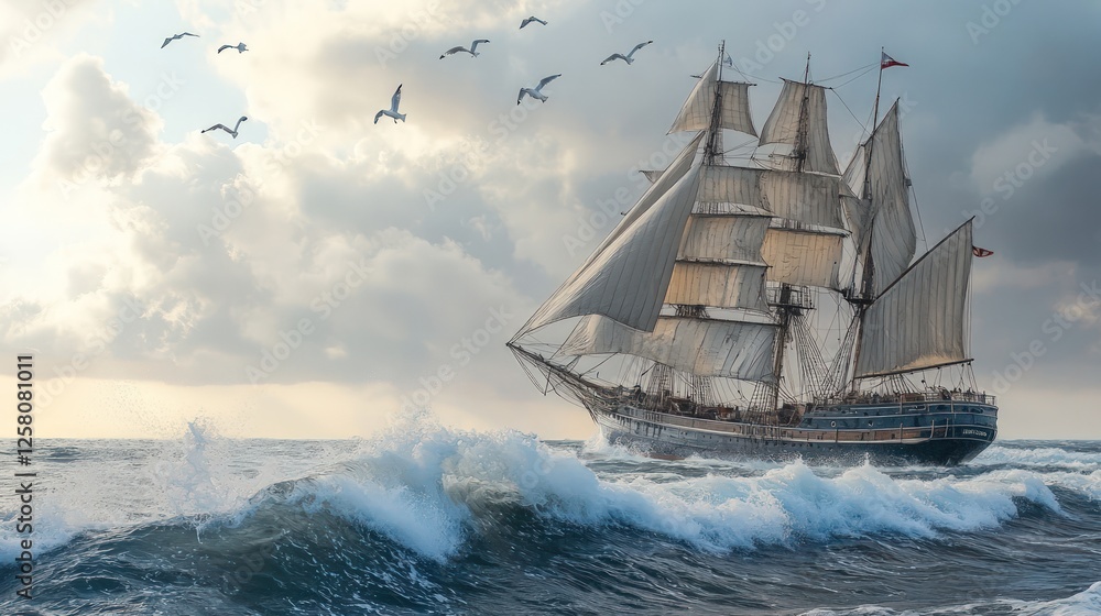Obraz premium Tall ship sails stormy sea; birds fly overhead.