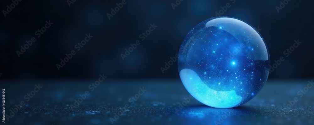 Glittering blue crystal ball on a dark grey background, spiritual, crystal ball Glittering blue crystal ball on a dark grey background, spiritual, crystal ball