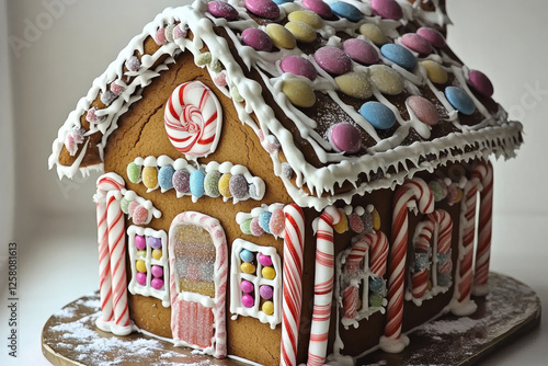 Decorative gingerbread house with colorful candies, candy canes, and white icing on a snowy base photo