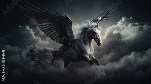 photograph of Flying in the clouds, isolated pegasus on dark background, with faint smoke