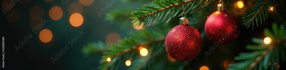 Obraz premium Glittering red ornaments hang on a Christmas tree branch, holiday cheer, holly leaves