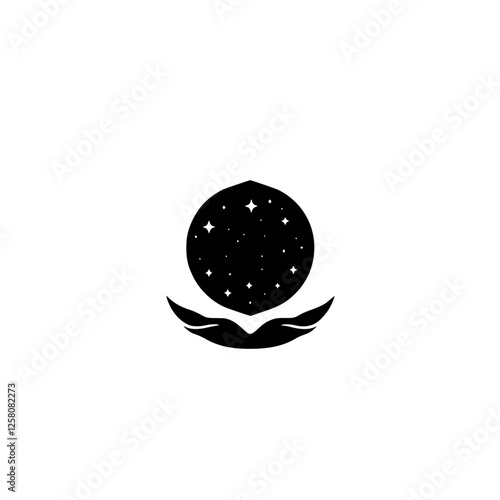 Celestial sphere held by the hand of the cosmos, night sky.