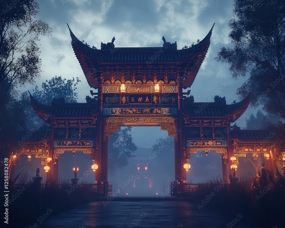 an ancient Chinese archway lit by soft lantern light, showcasing the intricate carvings and traditional design in the peaceful night atmosphere. an ancient Chinese archway lit by soft lantern light, showcasing the intricate carvings and traditional design in the peaceful night atmosphere.