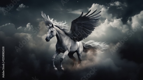 photograph of Flying in the clouds, isolated pegasus on dark background, with faint smoke