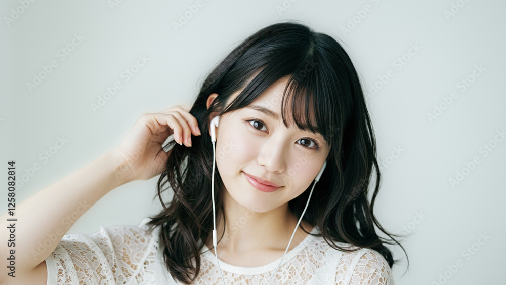 イヤホンで音楽を楽しむ笑顔の女性 イヤホンで音楽を楽しむ笑顔の女性