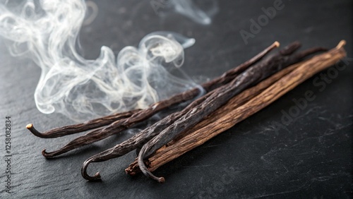 Vanilla Bean Smoke: A close-up photo of vanilla beans with swirling smoke emanating from the tips, capturing the essence of sweetness and warmth.