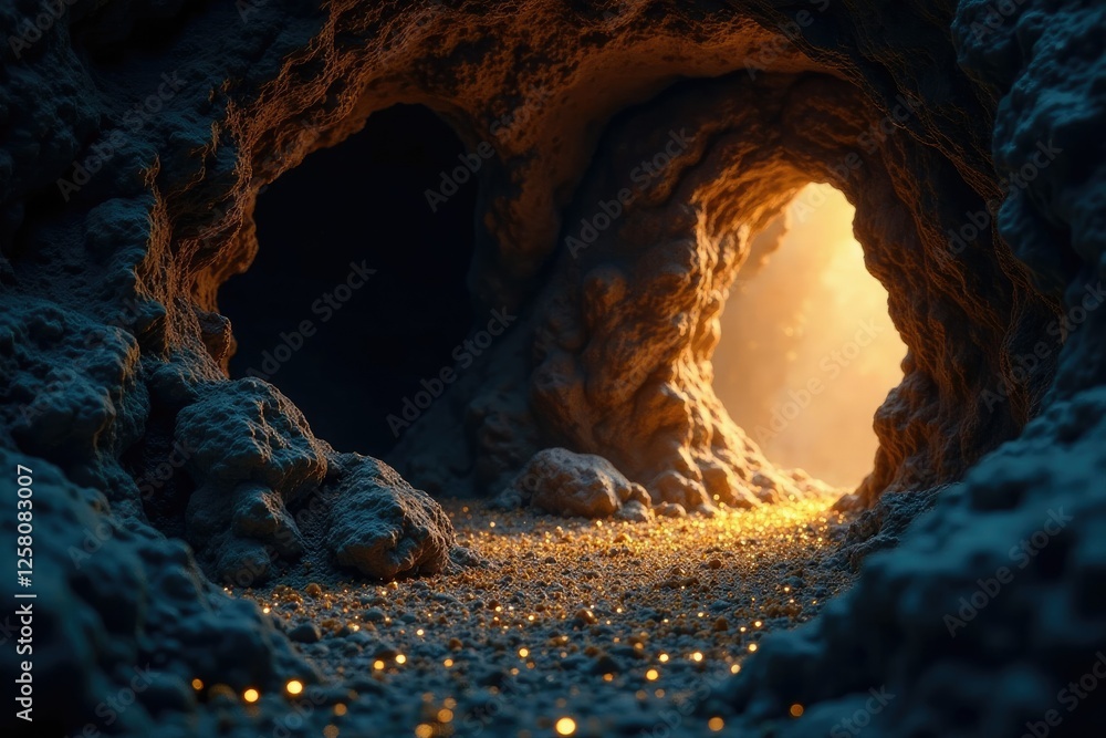 Mysterious cave entrance with golden glitter particles and shadows, eerie atmosphere, mystical portal Mysterious cave entrance with golden glitter particles and shadows, eerie atmosphere, mystical portal