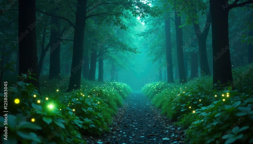 Fototapeta premium mystical forest path with glowing green fireflies and teal glow, enchanting, glow, mystic